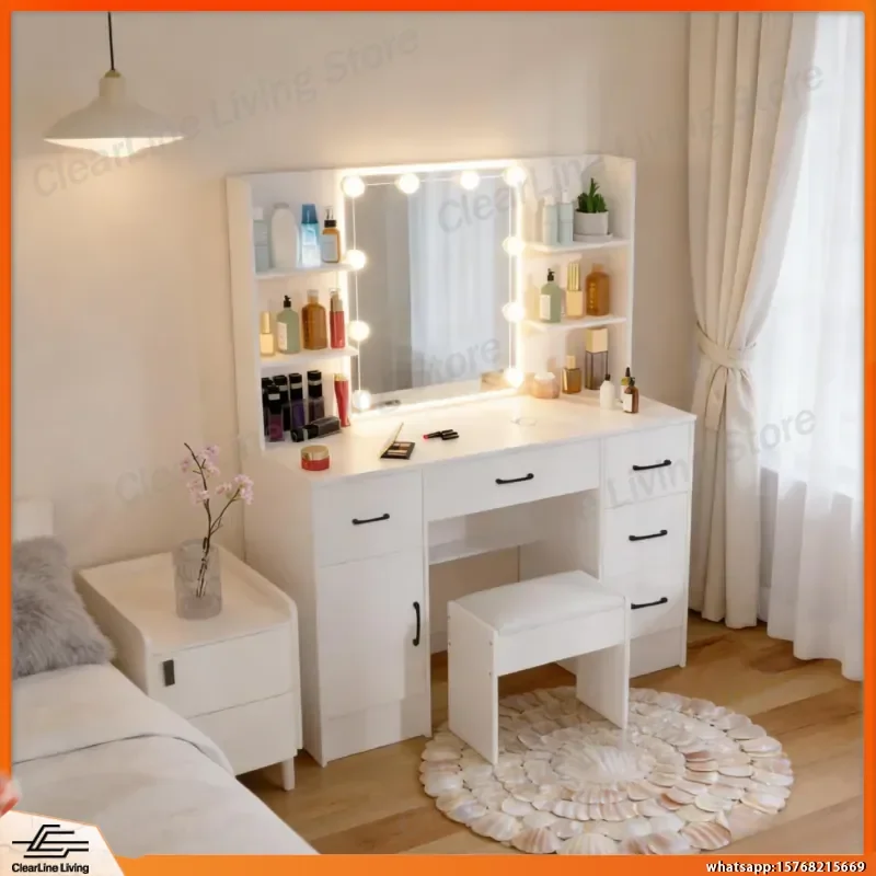 White Modern Vanity Set with 10 LED Lighted Mirror 5 Drawers Stool 3 Color Dimmable Easy Assembly Bedroom Dresser Makeup