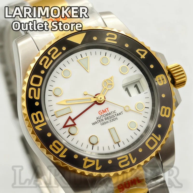 LARIMOKER 40mm Gold and Silver GMT Men's Mechanical Watch NH34 Movement Sapphire Crystal White Dial Gold Markers C3 Green Lume