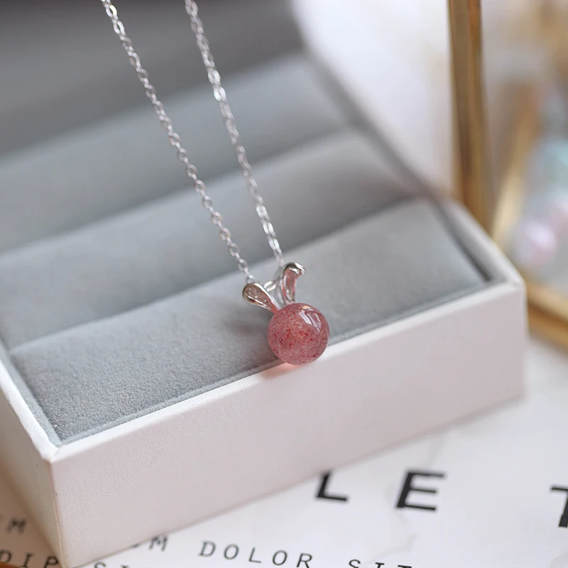 Sterling Silver Rabbit Strawberry Crystal Necklace Girl Pendant Rose Gold Peach Blossom Pink Summer Japanese Style Cute Jewelry