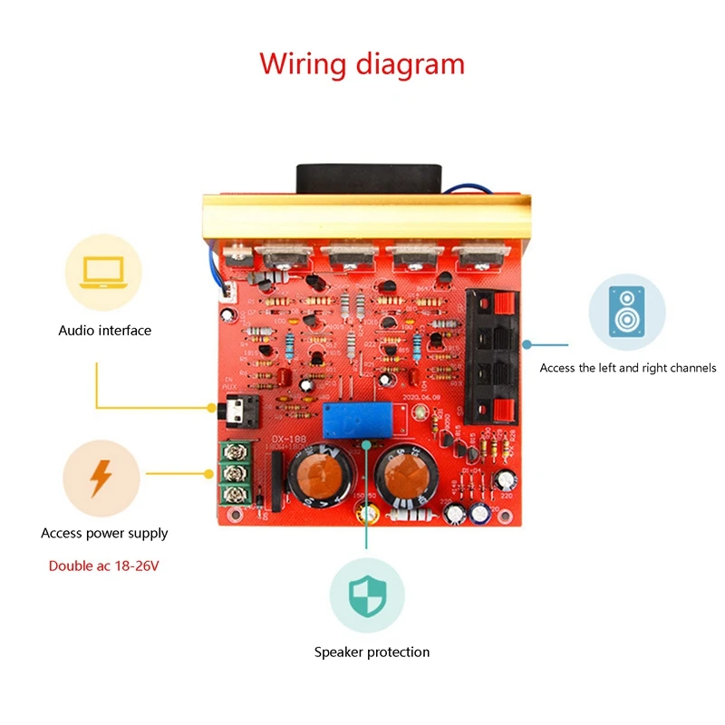 2X Power Amplifier Audio Board 180W+180W 2.0 Channel FET Speaker Amplifier Sound Preamplifier Dual AC18V-26V With Fan