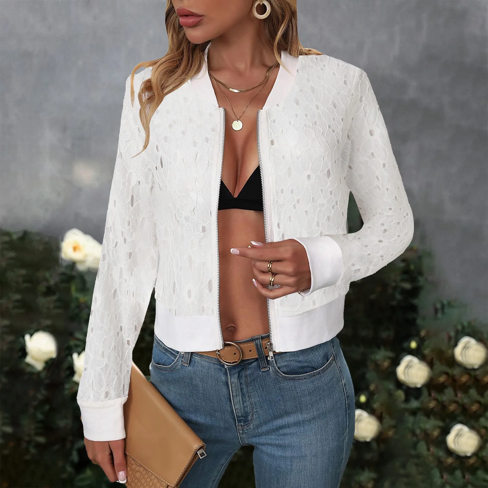 Women'S Solid Lace Coat Long Sleeve Baseball Zipper Cardigan Loose Cover Up Casual Jacket Streetwear Crop Top Zip Up Coats