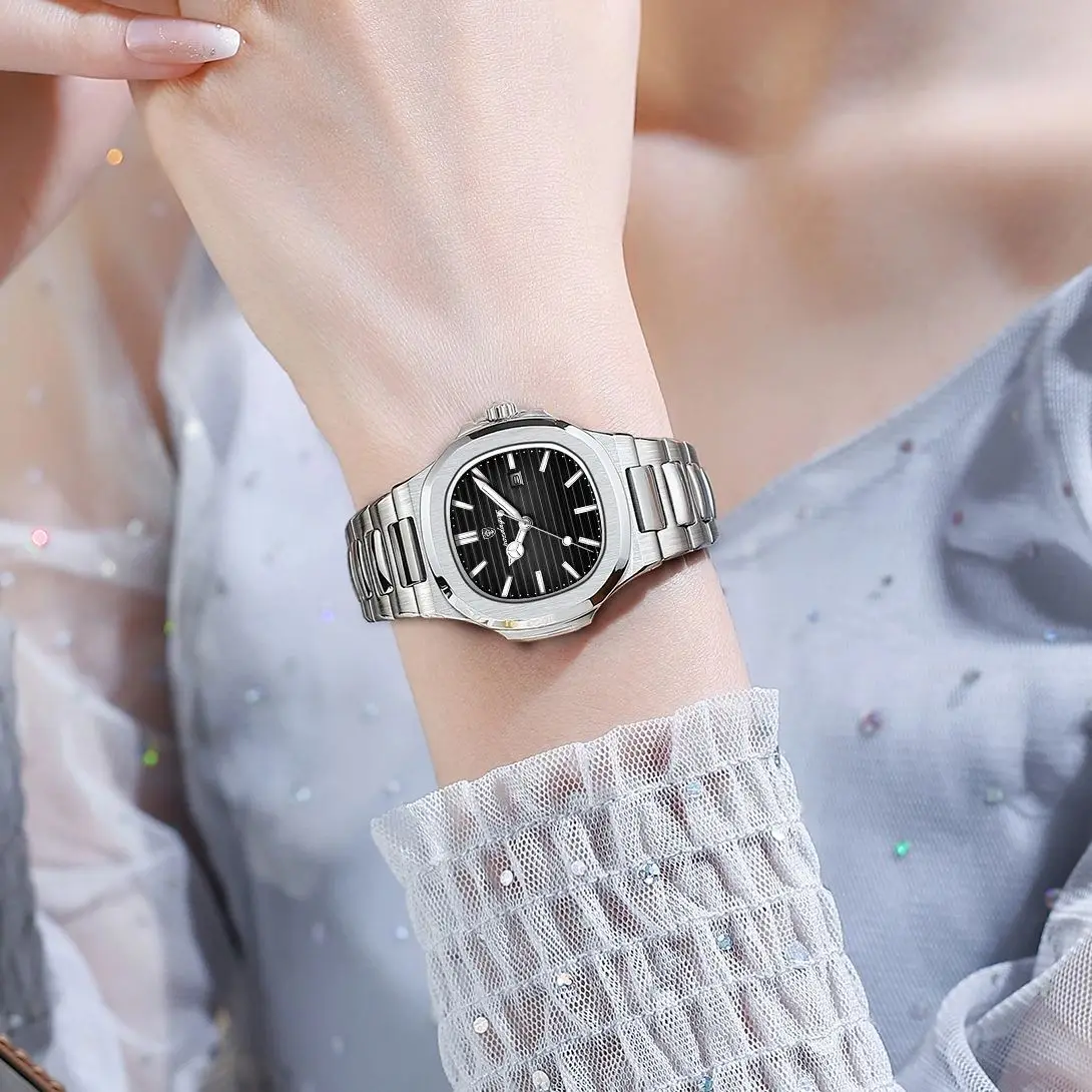 POEDAGAR ساعات كوارتز نسائية أنيقة مقاومة للماء تاريخ مضيء ساعة يد للسيدات من الفولاذ المقاوم للصدأ ساعة عصرية للنساء Reloj