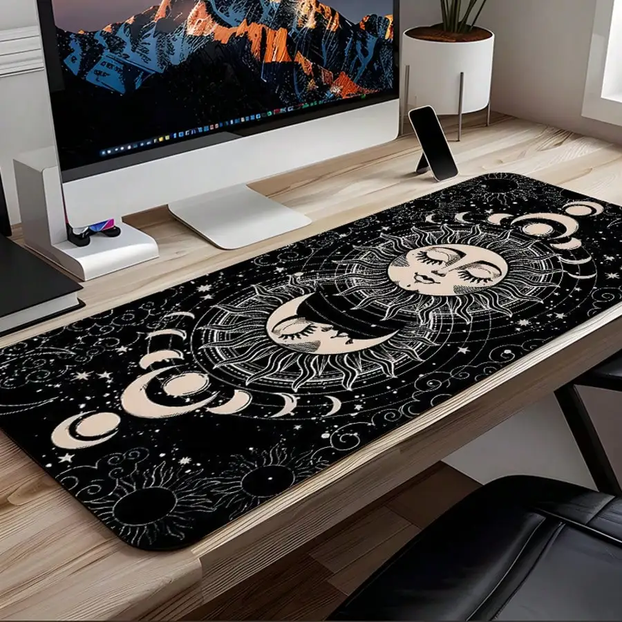 1pc Sun Moon Star Astrology Gaming Extra Large Mouse Pad, Vintage Mysterious Star Orbit Style Large Desk Mat - Quiet Atmosphere Extended Oversized Black & White
