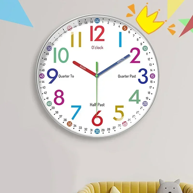 12inch Silent Quartz Round Wall Clock Simple Early Education Children's Room Kid Boy Girl Mute Quartz Colorful Clocks Home Decor