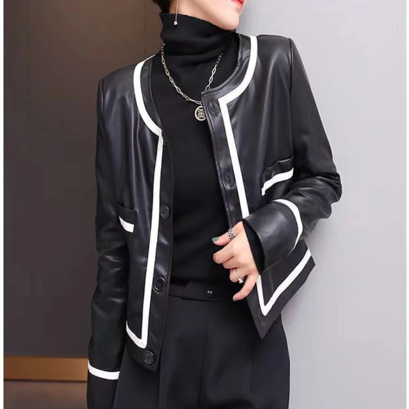 Women Pu Jackets Spring Fall French Vintage Contrast Color Coat Ladies Elegant Single Breasted Pocket Faux Leather Clothing New