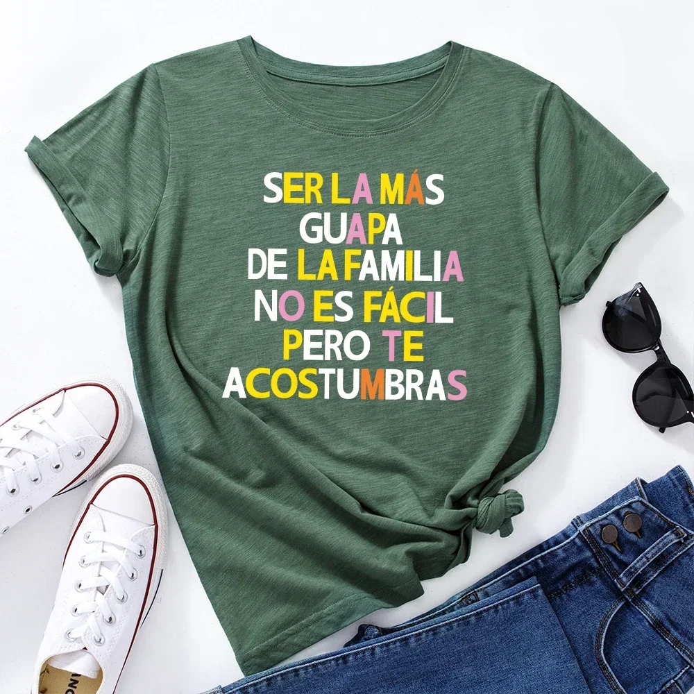 Camiseta de manga curta feminina, estampa simples espanhola, tops femininos de harajuku, camiseta feminina de algodão, verão, 2022