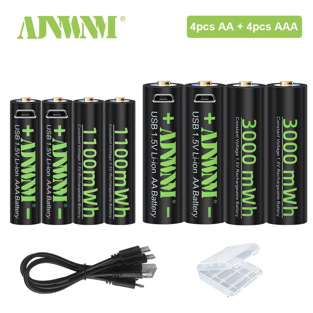 AJNWNM 3000mWh 1.5V AA akumulatory + 1100mWh 1.5V AAA akumulator litowo-jonowy AA akumulator AAA na aparat zabawka + USB