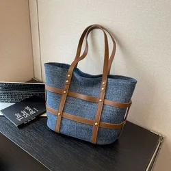 Denim Fashion Stripe Stitched Tote Bag Student New Commuting Forest Series Large Capacity Versatile Handbag Women Shoulder Bags