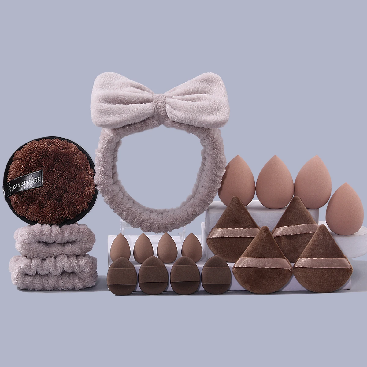 20종 전문가용 페이셜 클렌징 및 메이크업 세트 - 머리끈, 손목 스트랩 + 메이크업 스펀지, 에그 파우더 퍼프 + 세안 퍼프