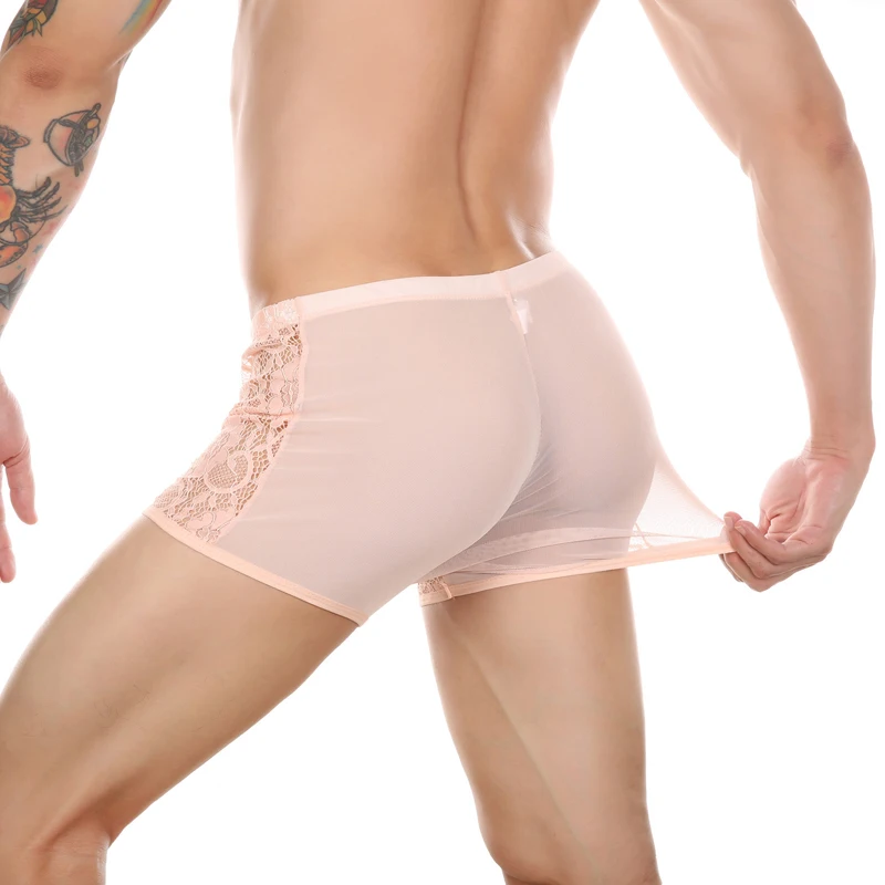 Lace Underwear Men Sexy See Through Panties Boxers Penis Pouch Long Leg Mesh Transparent Underpants Boxer Shorts  gay