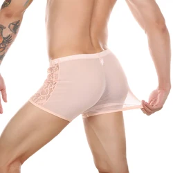 Ropa interior de encaje para hombre, Bóxer Sexy transparente con bolsa para el pene, calzoncillos transparentes de malla de pierna larga, gay