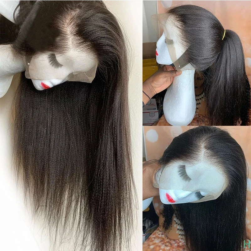 Soft Black Yaki Kinky Straight Natural Long 26 inch  Hair Wig For Women Natural Hairline Kinky Straight Wig With Afro Baby Hair