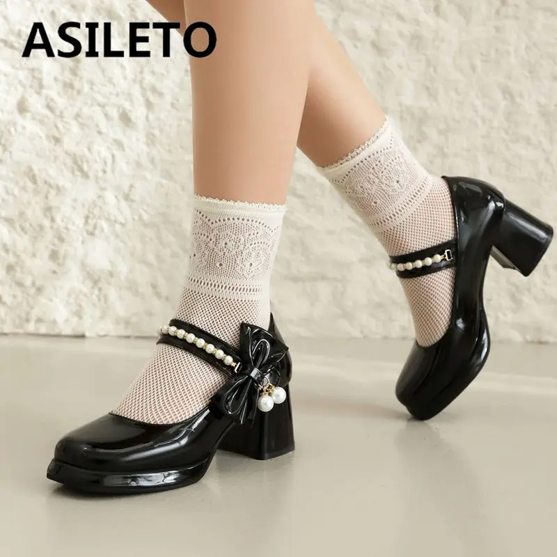 ASILETO 럭셔리 여성용 메리 제인 펌프스, 라운드 토 블록 힐, 5.5cm 플랫폼 비즈, 나비 매듭, 웨딩 데이트 신발 용수철, 32 33 43