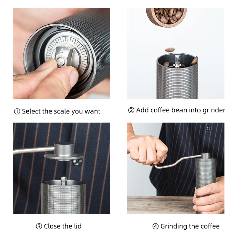 Professionelle manuelle Kaffeemühle, Upgrade, Ganzmetallgehäuse, rutschfestes Design, tragbare Mühle, Grat im Inneren – Detail 6