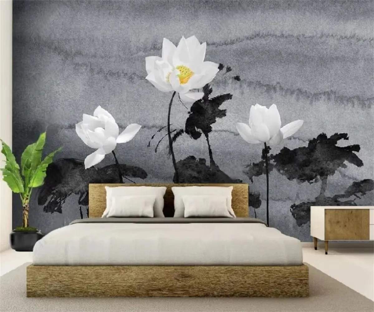 papel de parede Custom modern Modern luxury high-grade gray black ink lotus painting bedroom living room flower 3d wallpaper