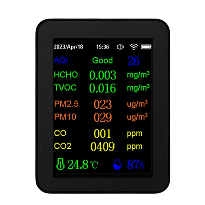 

B47C Air Quality Monitor CO2 Monitor 12 In 1 With Time/ Date Display WIFI PM2.5 PM10 CO CO2 TVOC HCHO AQI Tester,Black