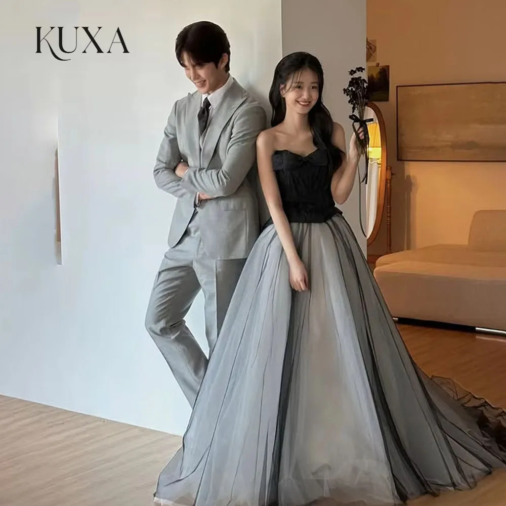 KUXA Customized Strapless Tulle A Line Long Prom Dresses Multi-layer Photo shoot Evening Gowns Formal Occasion Wedding Party