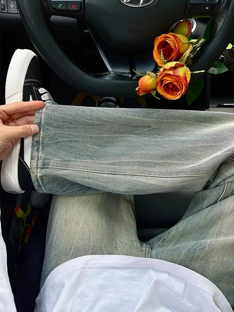 بنطلون جينز رجالي بنمط الخيزران البراق، تصميم صيفي ضيق مستقيم بأسلوب الشارع الأمريكي الرجعي