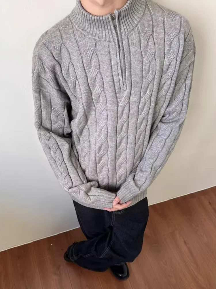 

Men's And Women's f High Collar Knitted Sweater Autumn Winter American Twist Coarse Texture f Zip Design Knit Base irt