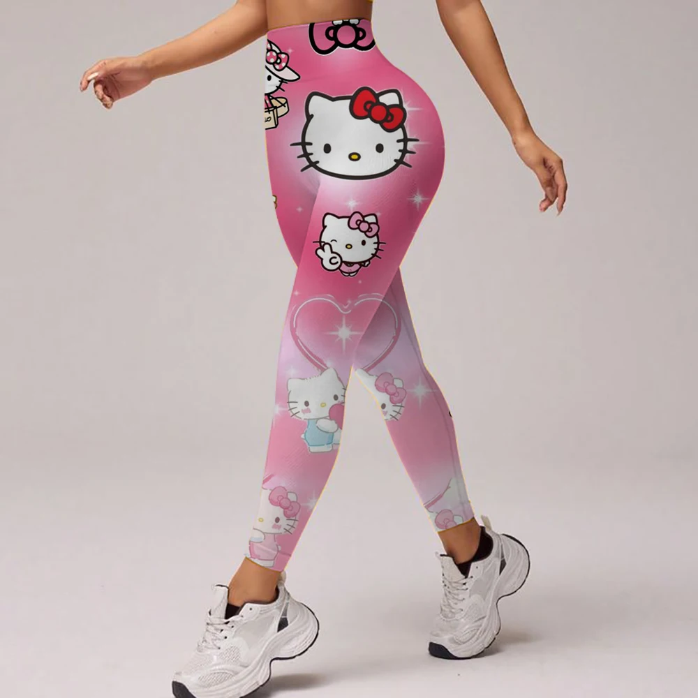 Kuromi Legging Wanita Melar Tinggi Kasual Ketat Merah Muda Cetak Hello Kitty, Celana Pensil Sembilan Titik Retro Kebugaran Sporty dan Seksi