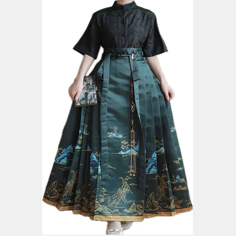 Hanfu kůň obličej sukně ženy Čínské starobylý vintage hanfu tištěným pleats sukně modrá černá béžová shirt+skirt nastaví plus rozměr