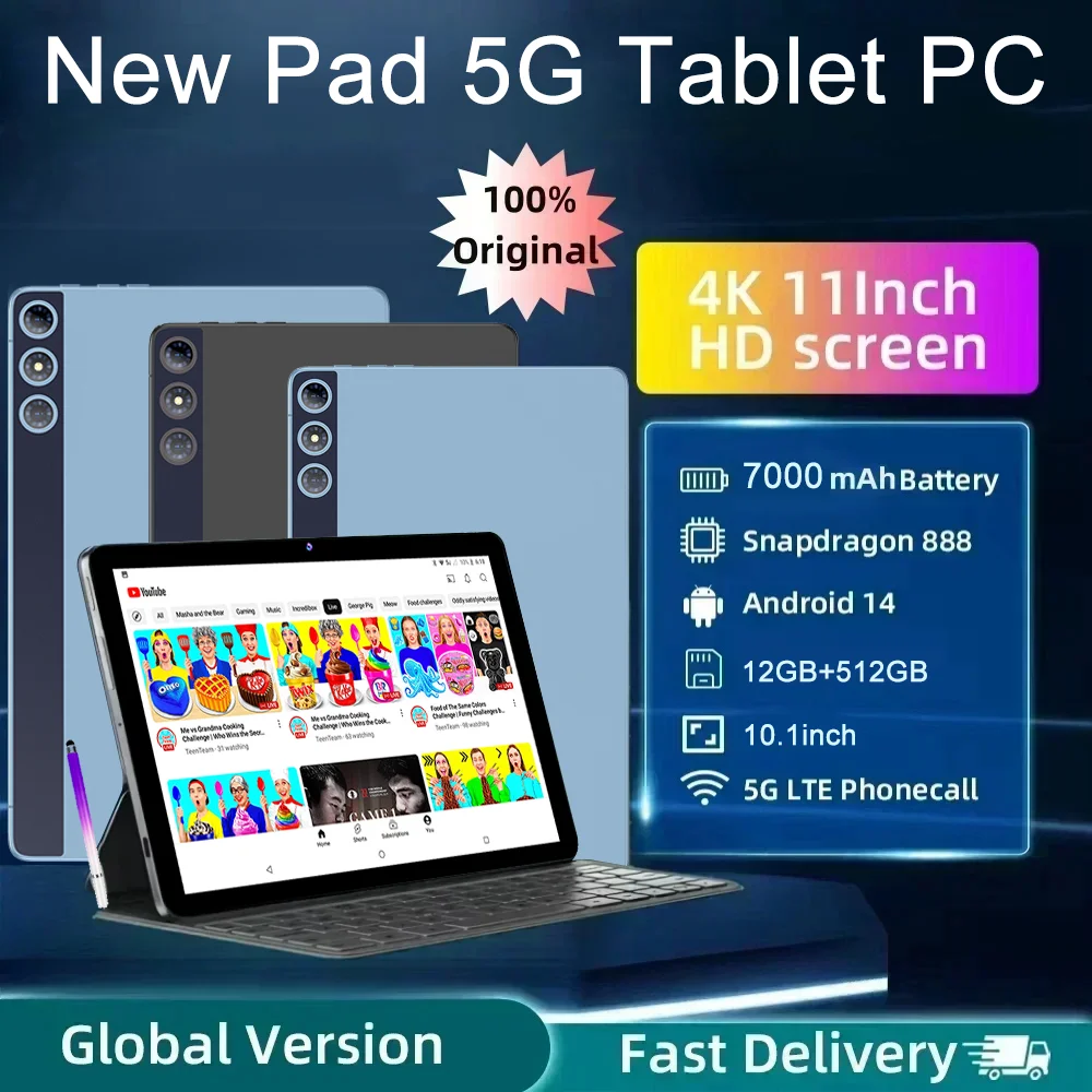 

2025 Новый 10,1-дюймовый Android-планшет HD-дисплей Восьмиядерный 12 ГБ ОЗУ 512 ГБ ПЗУ Двойная SIM-карта Wi-Fi Bluetooth Google Play Планшетный ПК