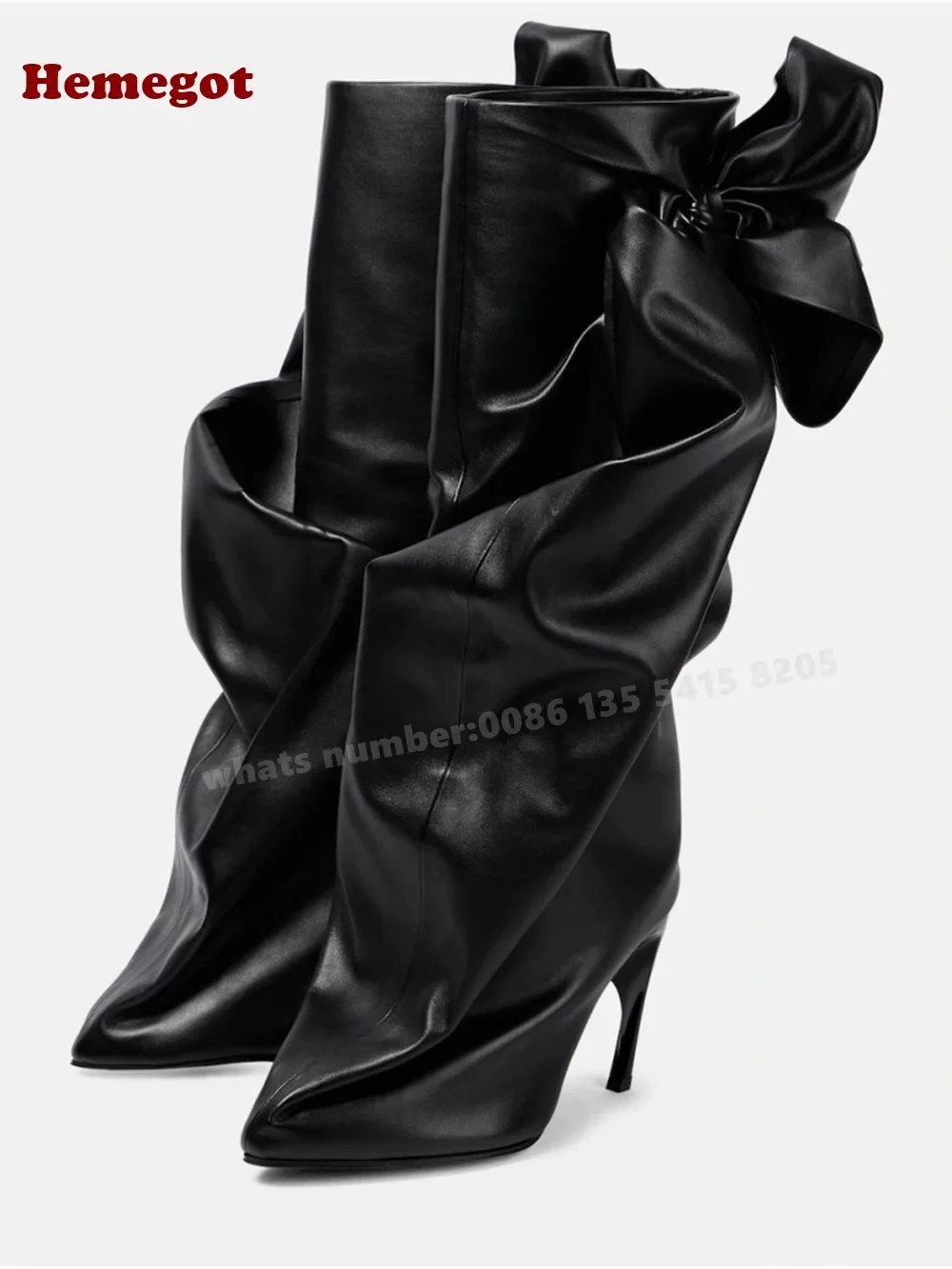 

Pleated Bows Black Boots Pointy Toe Strange Style Women's Knee High Boots Winter 2025 New Design High Heels Glossy Runway Shoes