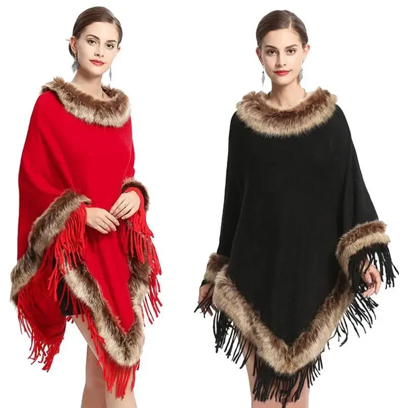 

Autumn Woman Sequined Tassel Loose Cape Shawl Pullover Female Sweater Thickened Knitted Jacket Bat Shirt Top Ladies Capes G15