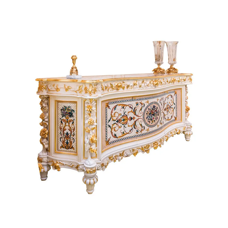 Parquet inlaid dining side cabinet French solid wood carving flower cupboard restaurant storage tea cabinet
