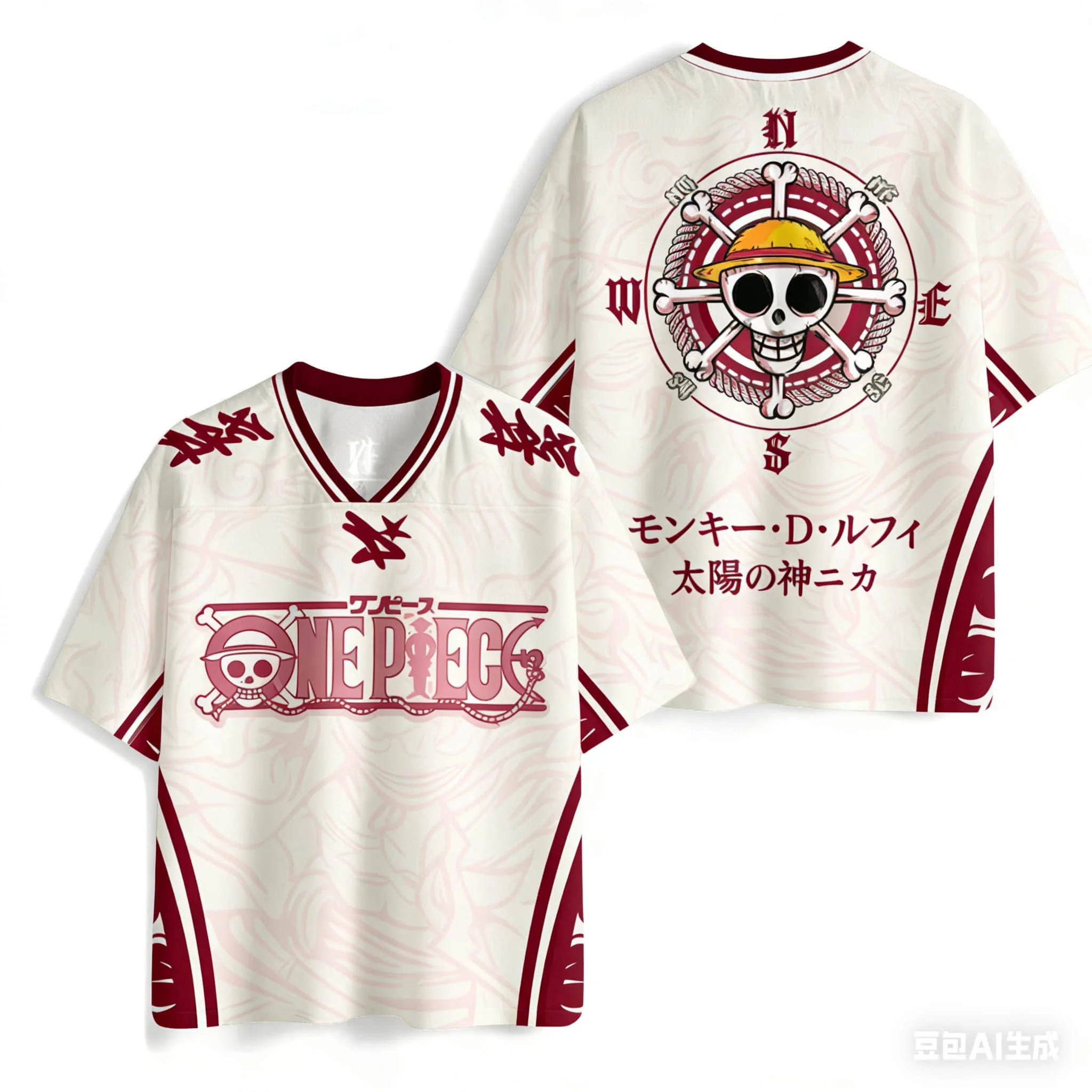 Bandai 2026 One Piece Luffy Anime T-Shirt im Retro-Baseball-Trikot-Stil, bedruckt, Y2k Street Wear, Harajuku, passend für die ganze Familie
