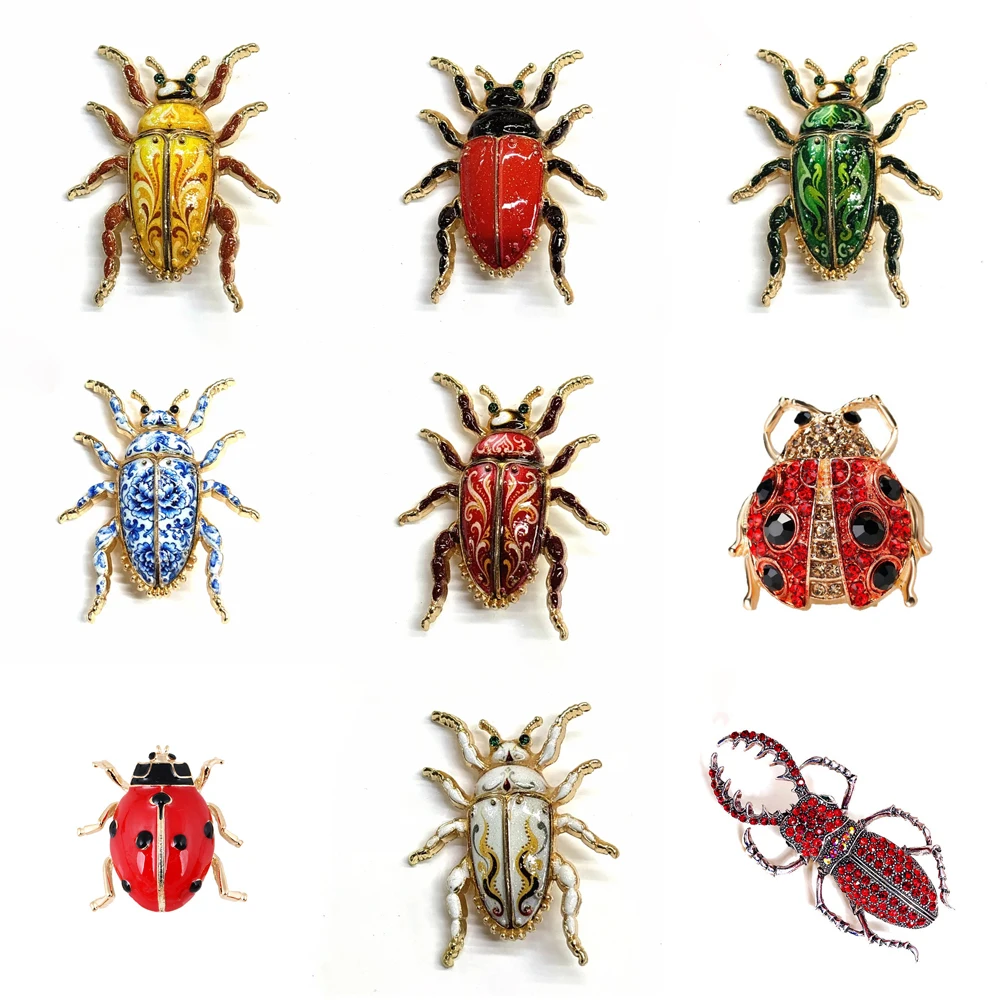 Vintage Enamel Beetle Brooches Colorful Rhinestone Insect Ladybug Lapel Pins Scarab Bug Coat Jewelry Gifts