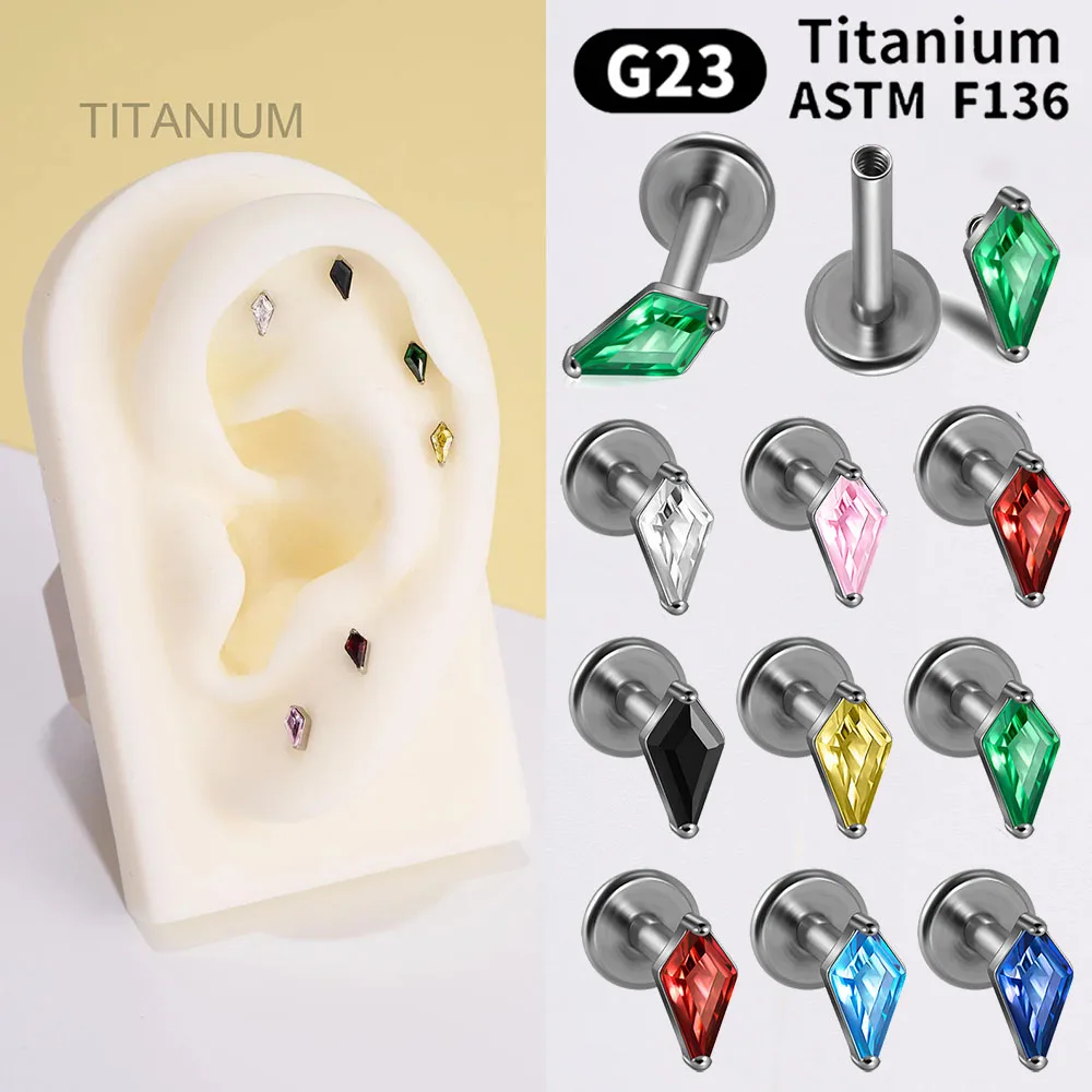 G23 Titanium Single Rhombic Zircon Internal Thread Labret Piercing Tragus Cartilage Helix Daith Stud Earring Body Jewelry