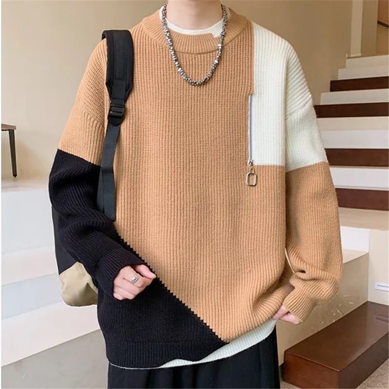 Jesienno-zimowy gruby ciepły męski sweter z dzianiny O-Neck Patchwork luźne swetry z dzianiny mężczyźni młodzieńczy witalność Streetwear