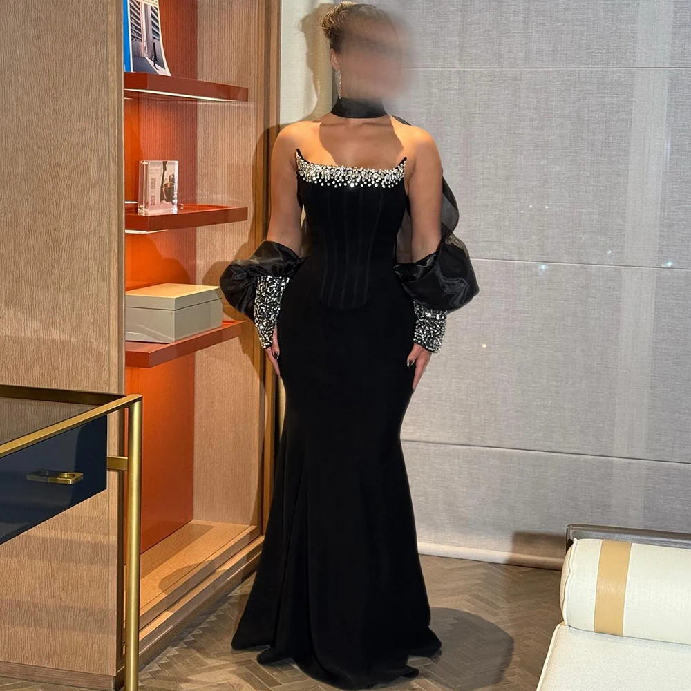 

High Quality Black Velour Evening Dress Mermaid Long Sleeves Celebrity Gowns Delicate Crystal Customized Homecoming Dresses