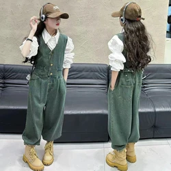 Spring Autumn teenage Girls clothes Sets 2025 Vintage Denim Jumpsuits cotton white Shirt 2pcs junior Kids suit child outfits 14