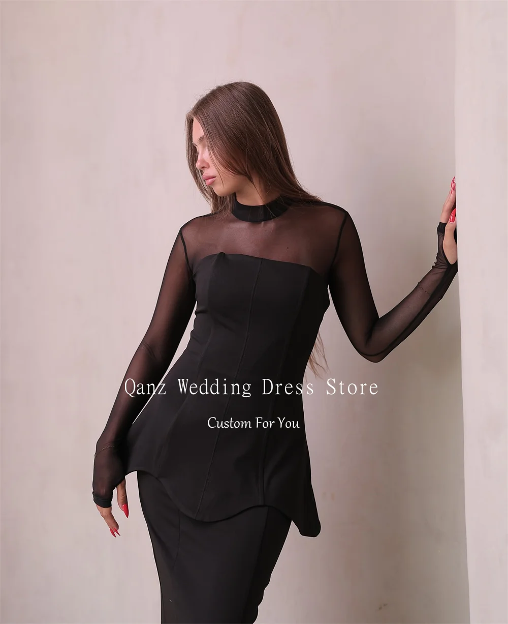 Qanz 블랙 3 피스 세트 이브닝 드레스 인어 쉬어 긴 소매 Vestidos De Fiesta Elegantes O 넥 파티 가운 맞춤형