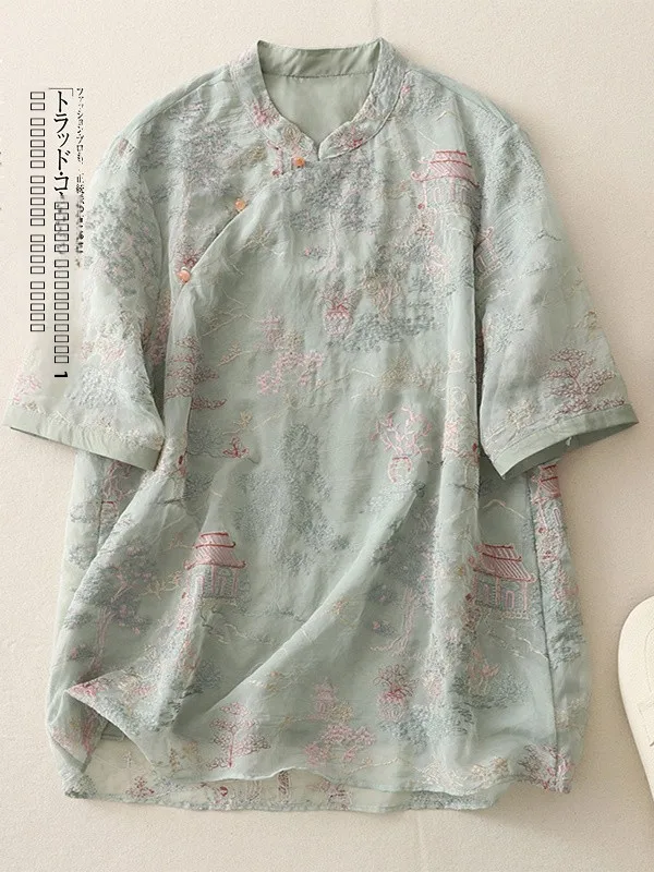 

Женская шелковая блузка в стиле ретро с боковыми пуговицами, вышивка, свободный крой, большие размеры, без этикетки, для повседневной носки