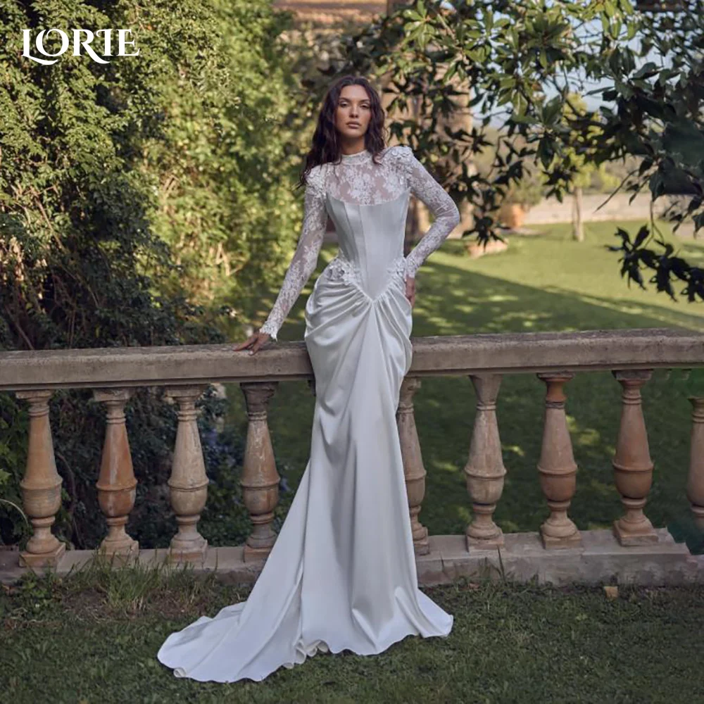 

LORIE High Collar Pearls Mermaid Wedding Dress Pleats Long Sleeve Muslim Bridal Gown Customized Bride Dress Saudi Dress Dubai