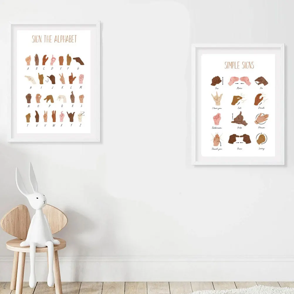 

6Pcs Sign Language Education Posters Classroom Canvas Alphabet Number Chart Learning Decorative Wall Art Alphabet Poster