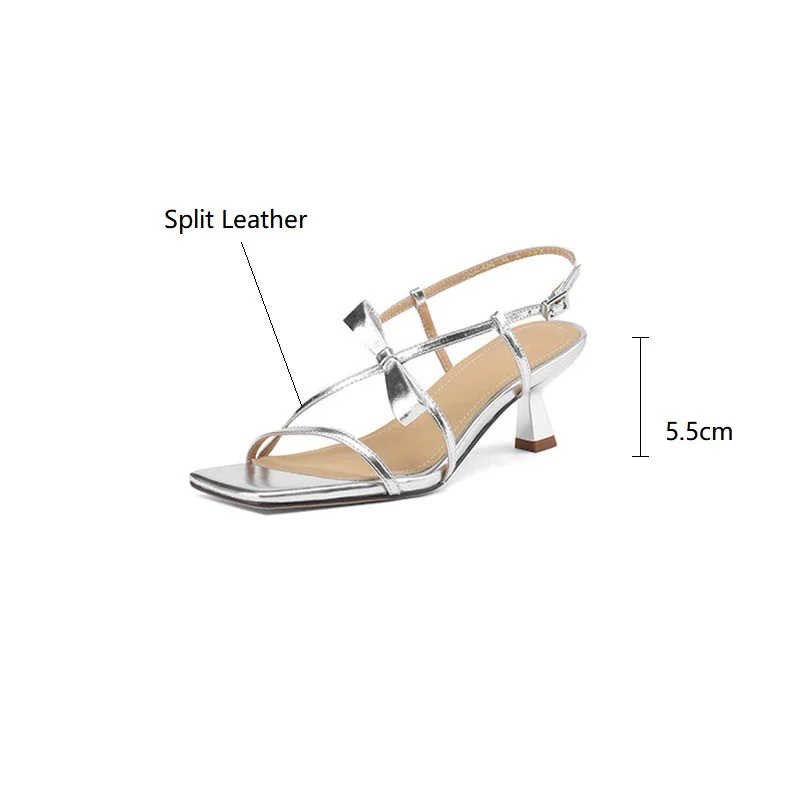 2023 Summer Sandals Women Split Leather Shoes Square Toe High Heels Bow Gladiator Shoes Sandals for Women Handmade Women Sandals