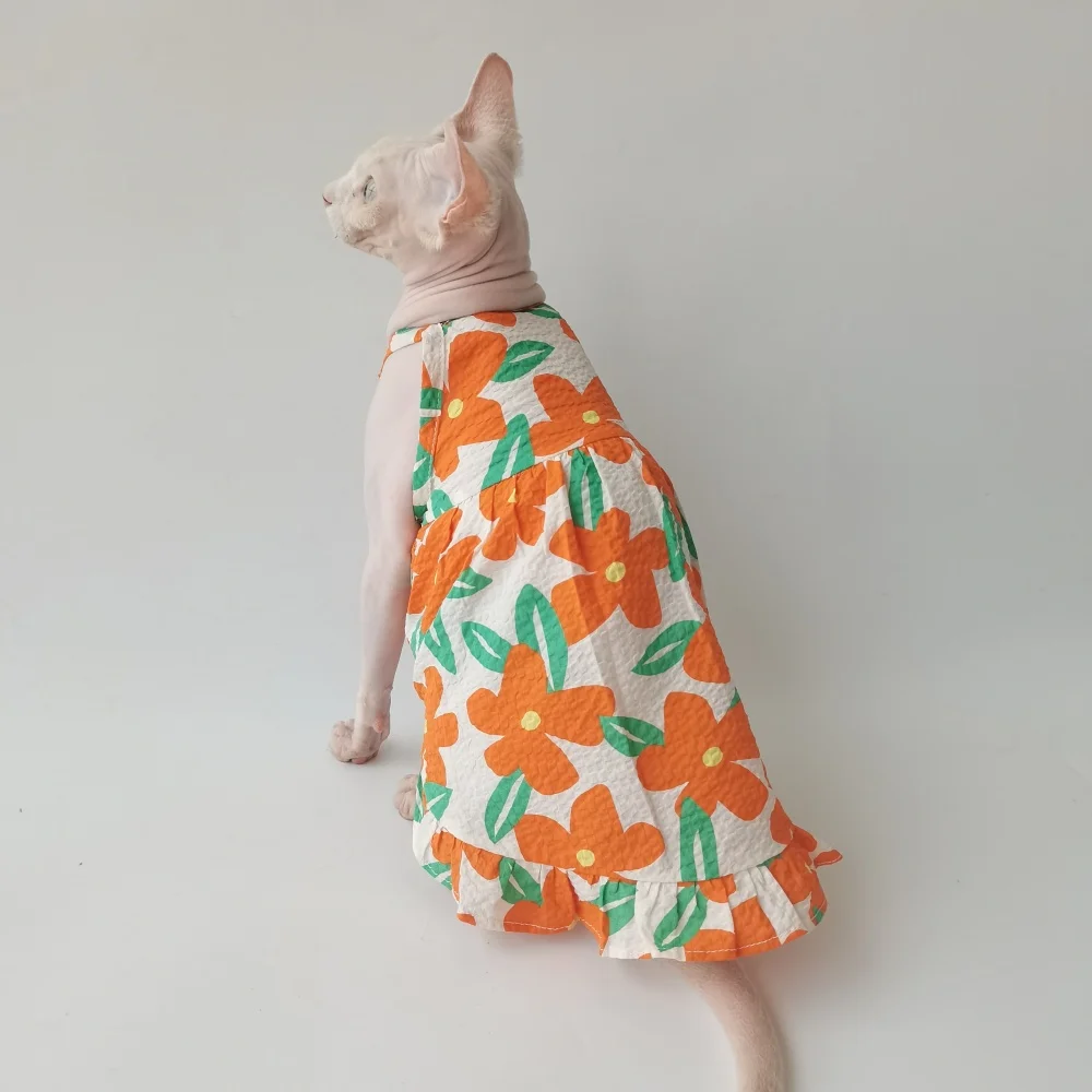 Ropa para gato Sphynx floral de algodón naranja, vestido de verano - imagen 4