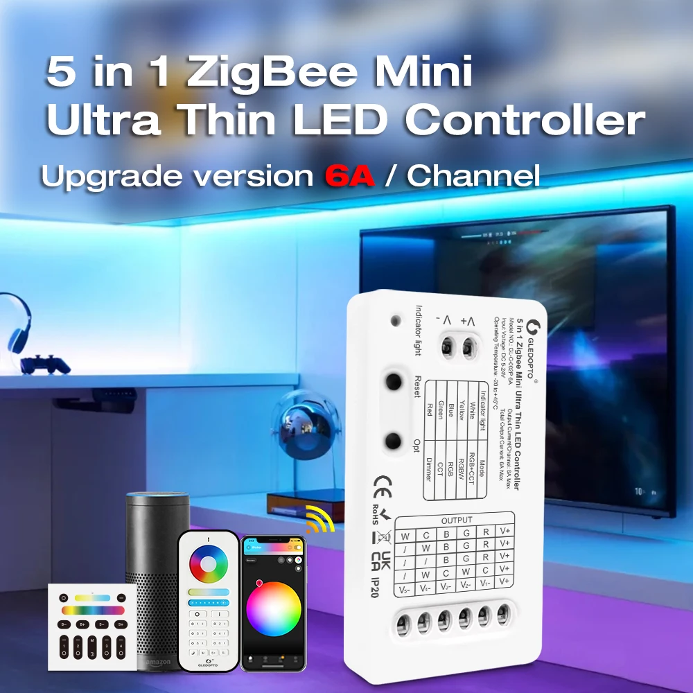 Gledopto smart DC5-24V 6a mini 5 in1 ultra dünne zigbee 3,0 rgbcct/rgbw/rgb/wwcw/dimmer led controller app/voice/rf fernbedienung