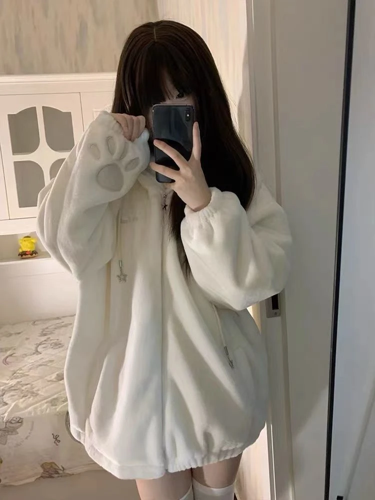 Y2k Aesthetic Lamb Wool Pocket Hoodies Women Causal Loose Kawaii Cute Zipper Harajuku Jackets Harajuku Solid Grunge Preppy Coat