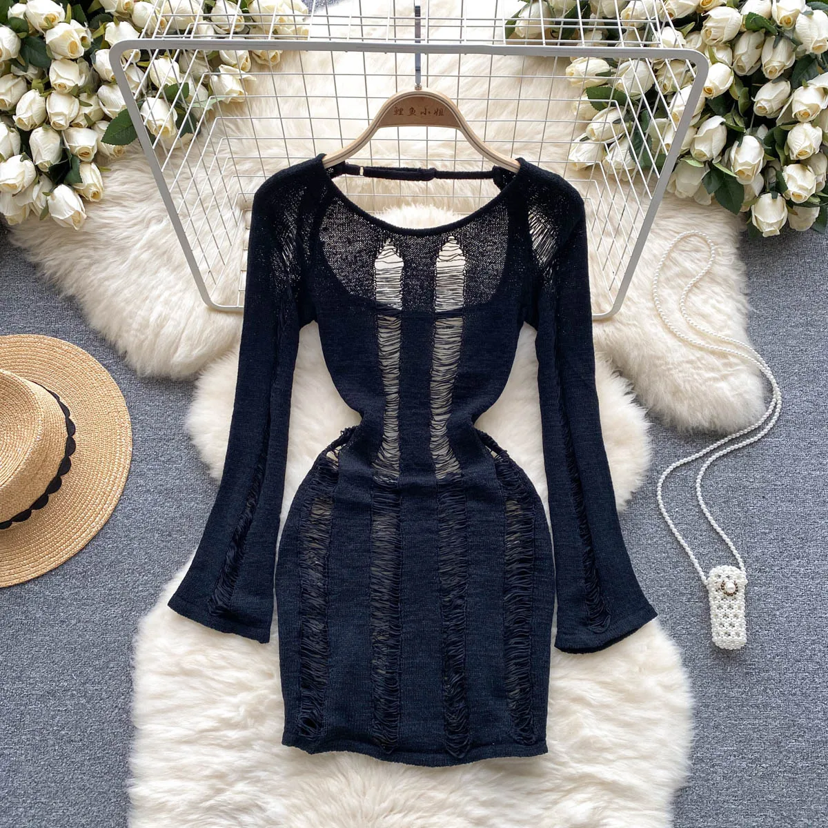 Summer Sexy Hollow Design Thin Long Sleeve Knitted Short Dress Stylish Waist Closing Slim Fit Spicy Girl Style Bareback Dresses