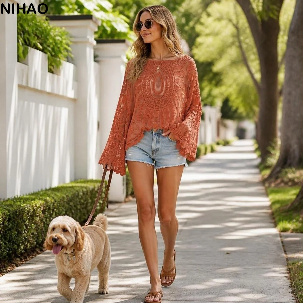 Elegant Lace Embroidery Sunscreen Cover Up Transparent Round Neck Cover Shirt Beach Long-Sleeved Mesh Shawl Spring And Summer