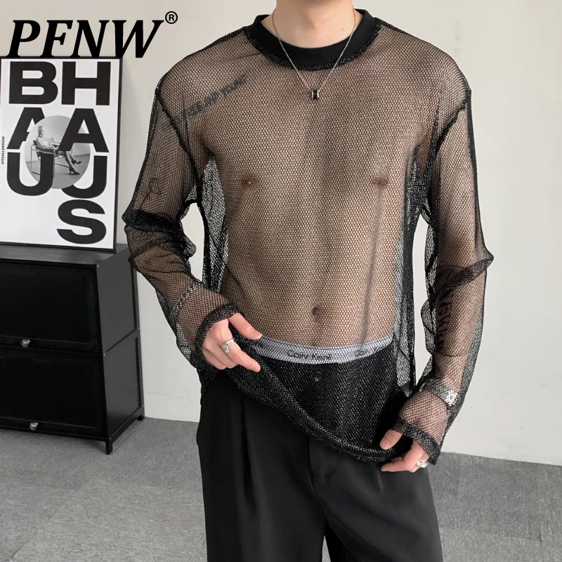 

PFNW Niche Deisgn Men's T-shirts Sexy See-through Mesh Design Round Collar Long Sleeve Solid Color Male Tees Autumn 2024 12C885