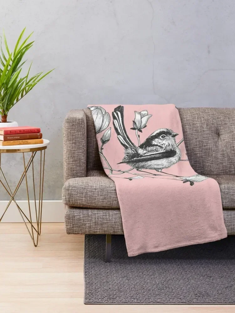 long tailed tit on magnolia tree Throw Blanket Blankets Sofas Of Decoration Bed linens Blankets