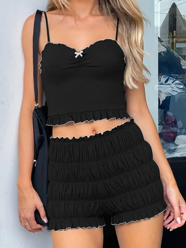 

Blifanbo Sexy Spaghetti Strap Shorts Set 2 Pieces Sets For Women Sleeveless Slim Crop Tops And Beach Holiday Shorts Set Summer