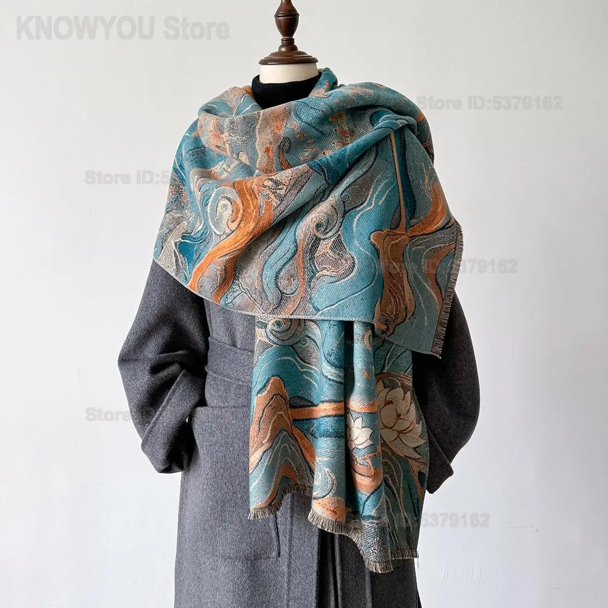 

Women Winter Autumn Jacquard Faux Cashmere Scarf Thick Warm Shawl Dunhuang Pattern Fashion Neck Wrap Accessories