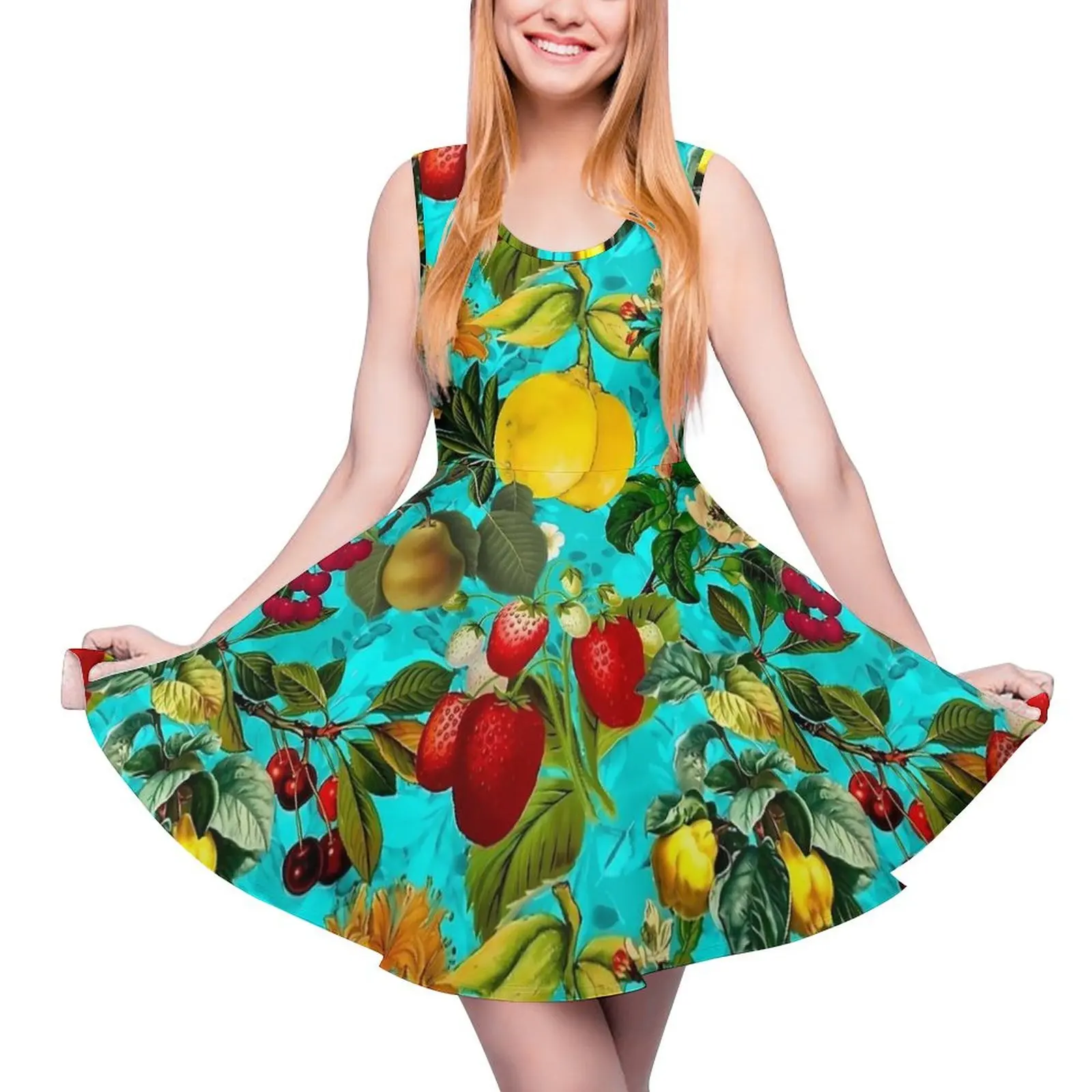

Vintage Fruit Print Dress Lemon and Strawberry Vintage Dresses Sleeveless Casual Skate Dress Ladies Graphic Clothing Present